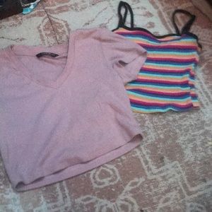 2 shirts - Rosy Pink V-neck Cropped tee shirt, and Vibrant Colorful Cropped Tank